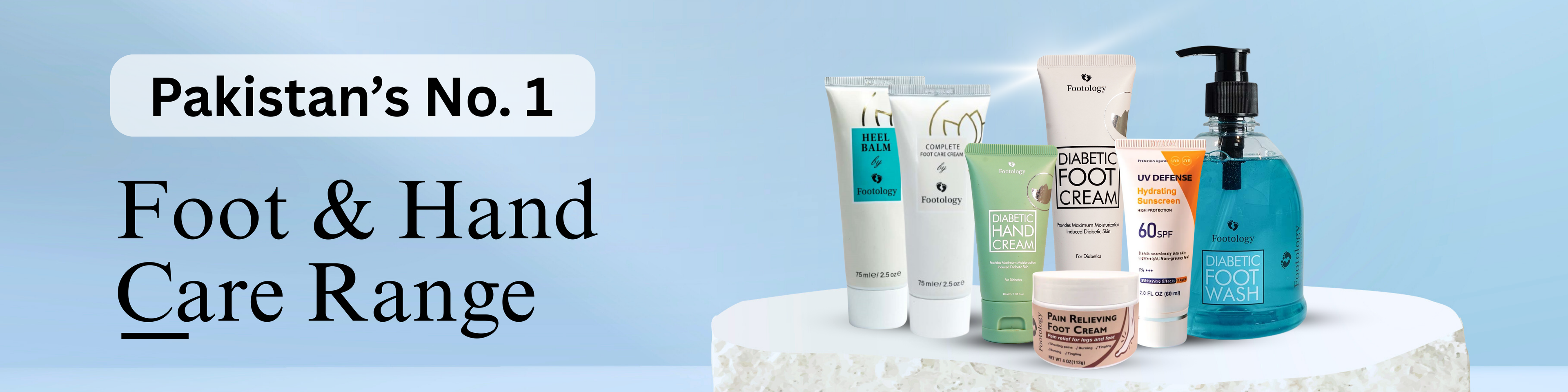 Foot and hand care products on a white surface with a blue background and text highlighting 'Pakistan's No. 1 Foot & Hand Care Range'.